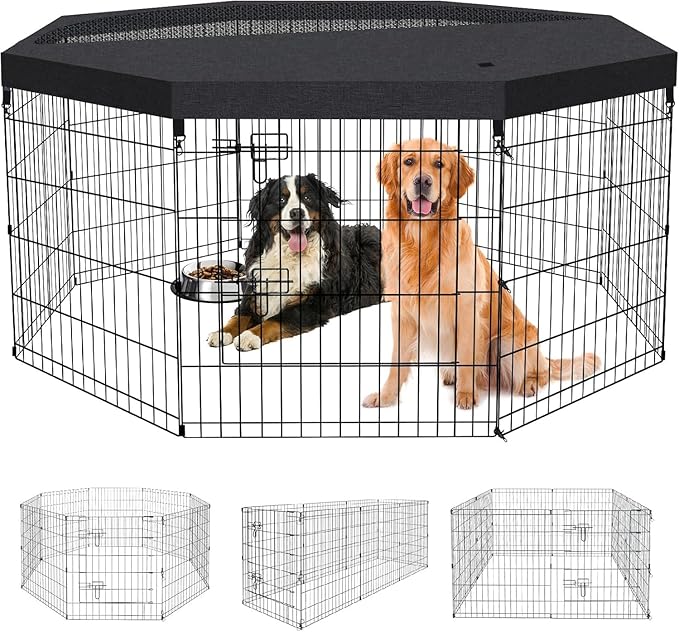 Pet Playpen Dog Pen Foldable Dog Exercise Fence 8 Panels 30 Inch Kennels Pet Playpen Options Ideal for Pet Medium Animals Outdoor Indoor (Playpen with Top Cover)