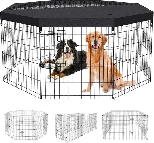 Pet Playpen Dog Pen Foldable Dog Exercise Fence 8 Panels 30 Inch Kennels Pet Playpen Options Ideal for Pet Medium Animals Outdoor Indoor (Playpen with Top Cover)