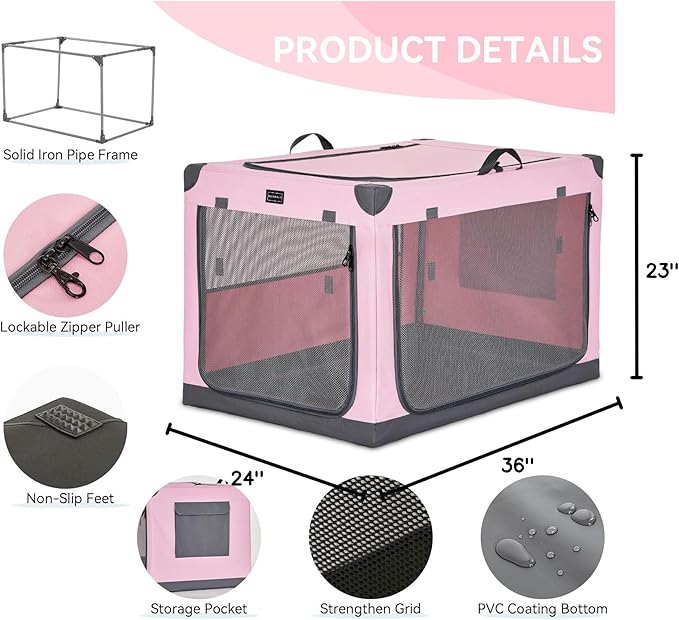 PETSFIT Collapsible Dog Crate, with Patented Adjustable Fabric Cover, Chewproof & Lockable Mesh Doors, Waterproof Base Portable Kennel Pink 36 Inch