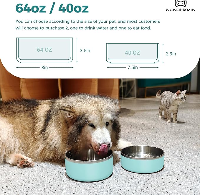 Dog Bowl, Stainless Steel Dog Food and Water Bowl with Non Slip Quiet Bottom, Easy to Clean, Dishwasher Safe, 64oz, Mint Green