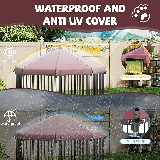 Outdoor Dog Kennel with Roof, Outdoor Dog Playpen with Metal Gate,Portable Easy Setup, Octagon Dog Pen with Lock for Outdoor Backyard (4.9x4.9x3.6FT)