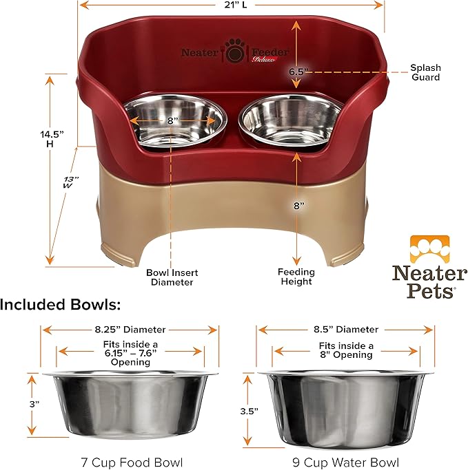Neater Feeder Deluxe Mess Proof Dog Bowls Elevated for Large Breed – Made in USA – No Spill Raised Dog Food Bowl Stand – Stainless Steel Food and Water Bowl Set, Pet Dish Feeding Station, Cranberry