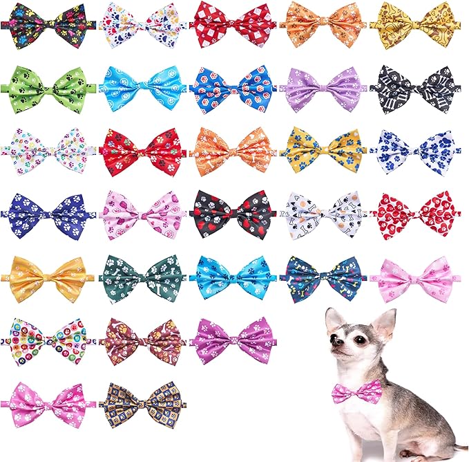 Dog Bow Ties Bulk 30 Pcs Adjustable Dogs Bow Ties for Small Cats Assorted Paw Print Dog Bowties Grooming Party S
