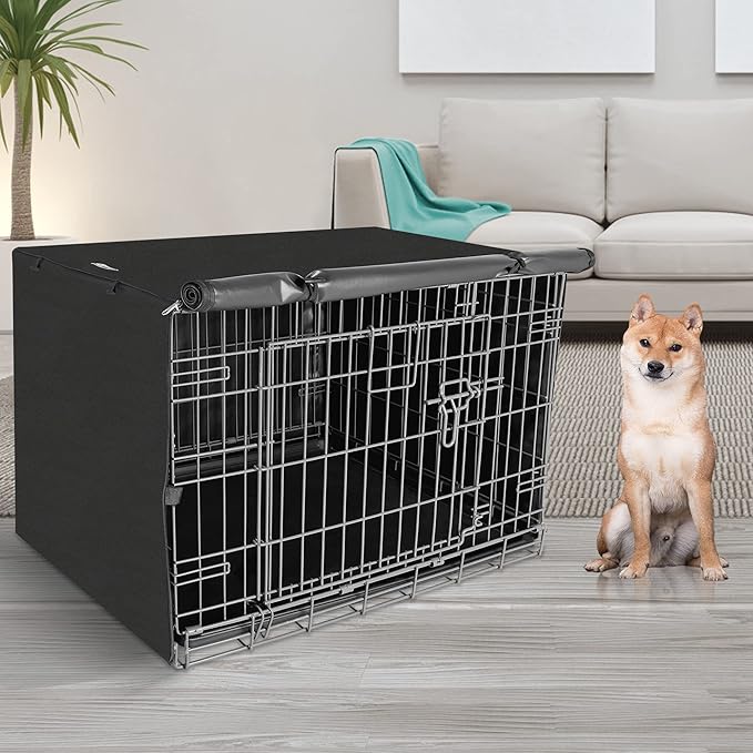 Dog Crate Cover for 42" Large Wire Dogs Cage, Puppy Kennel with Double Door, Lightweight 600D Polyester Windproof Pet Crates Covers, Machine Wash & Dry, Black