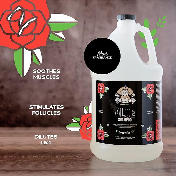 Bark2Basics Rock The Dog Aloe Pet Shampoo, 1 Gallon - Enriched with Menthol for Cooling and Soothing The Skin, Adds Moisture and Hydration to The Skin and Coat, 16:1 Concentration, Professional