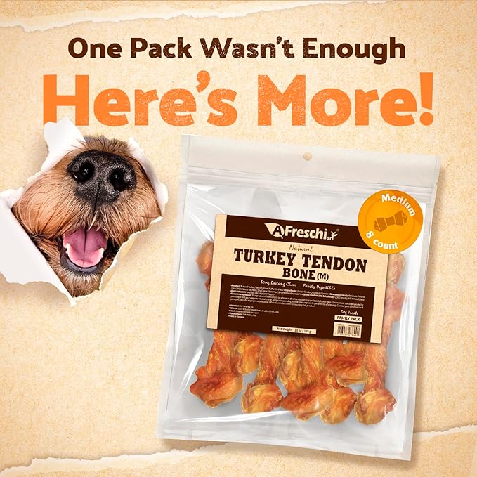 Afreschi Natural Turkey Tendon Bone (M) 10 oz, Turkey Sourced from USA, All Natural Puppy Chew, Hypoallergenic, Rawhide Alternative, for Medium Breeds