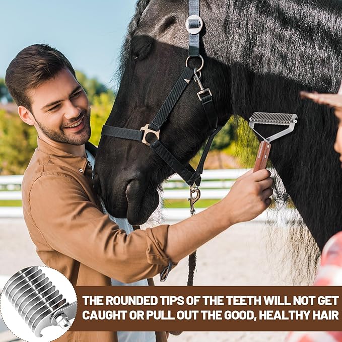 Abbylike Large Cow Brush Livestock Scratching Horse Comb for Goats Brush Cattle Supplies Shedding Dematting Comb with 27 Stainless Steel Blades and Wood Handle