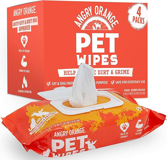 ANGRY ORANGE Pet Wipes for Dogs and Cats - Unscented and Gentle Grooming Wipes for Paws, Fur and Butt - 320 Count - Value 4 Pack