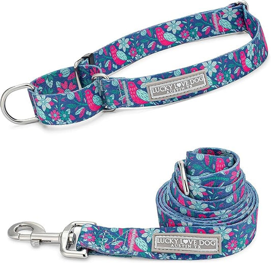 Lucky Love Dog, Whimsical Bird Martingale Dog Collar and Leash Set, Vivid Pink, Mint, Blue Flowers Medium No Slip Dog Collar - (M, Carriebelle Mart - Combo)