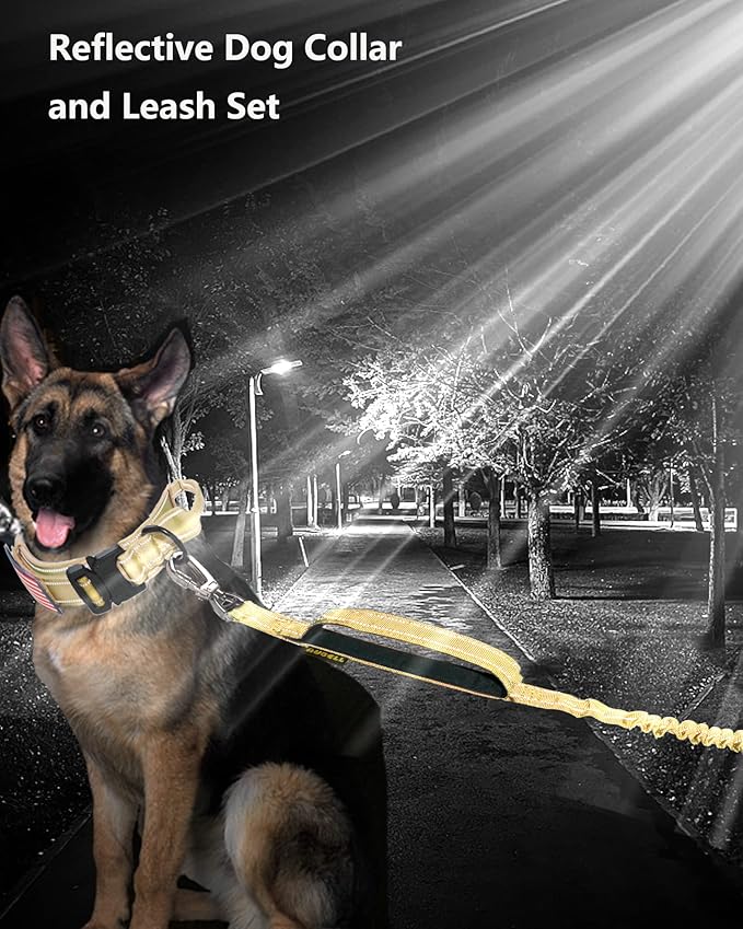AUBELL Tactical Dog Collar and Leash Set, Adjustable Military Nylon Reflective Dog Leash and Collar with Handle and Heavy Metal Buckle for Medium Large Dogs, with Airtag Case and 2 Patches(Yellow, XL)