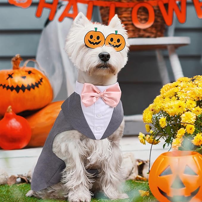 PUMYPOREITY Medium Dog Bowtie Tuxedo Suit, Dog Wedding Outfit, Cat Tuxedo, Dog Tuxedo and Bandana Set for Chihuahua, Boston Terrier, Bichon, Corgi, Pomeranian, 2 Pieces/Pack, M, Grey