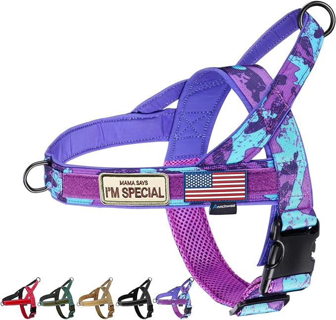 Annchwool No Pull Dog Harness with Soft Padded Handle,Escape Proof and Quick Fit to Adjust Dog Harness,Easy for Training Walking for Small & Medium and Large Dog(Camo Purple,M)