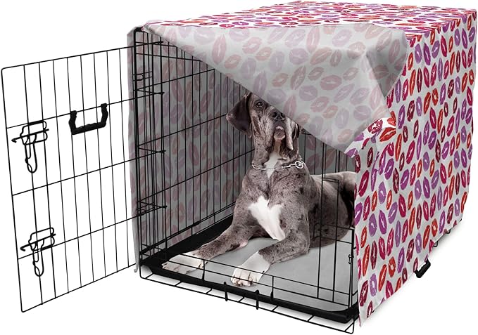 Lunarable Kiss Dog Crate Cover, Fun Colorful Design Lipsticks Kisses Fashion Illustration Print Artwork, Easy to Use Pet Kennel Cover for Medium Large Dogs, 48 Inch, Fuchsia and Raspberry