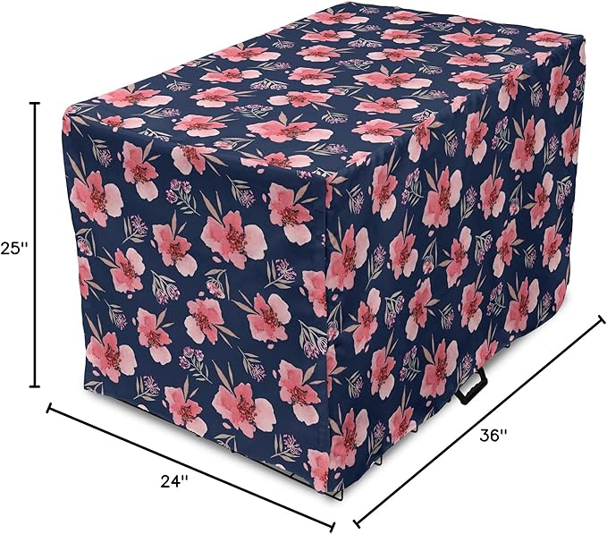 Ambesonne Watercolor Dog Crate Cover, Nature Inspired Composition with Pink Garden Flora Vintage Petals, Easy to Use Pet Kennel Cover for Medium Large Dogs, 36 Inch, Navy Blue Coral