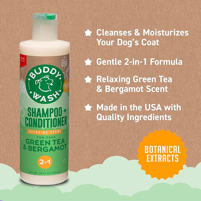 Buddy Grooming Wash 2 in 1 Dog Shampoo, Green Tea & Bergamot, 16 oz. Bottle
