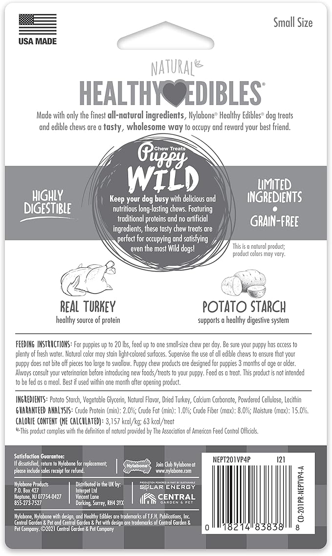 Nylabone Healthy Edibles WILD Natural Long-Lasting Turkey Flavor Bone Chew Treats for Dogs, Small/Regular (4 Count)