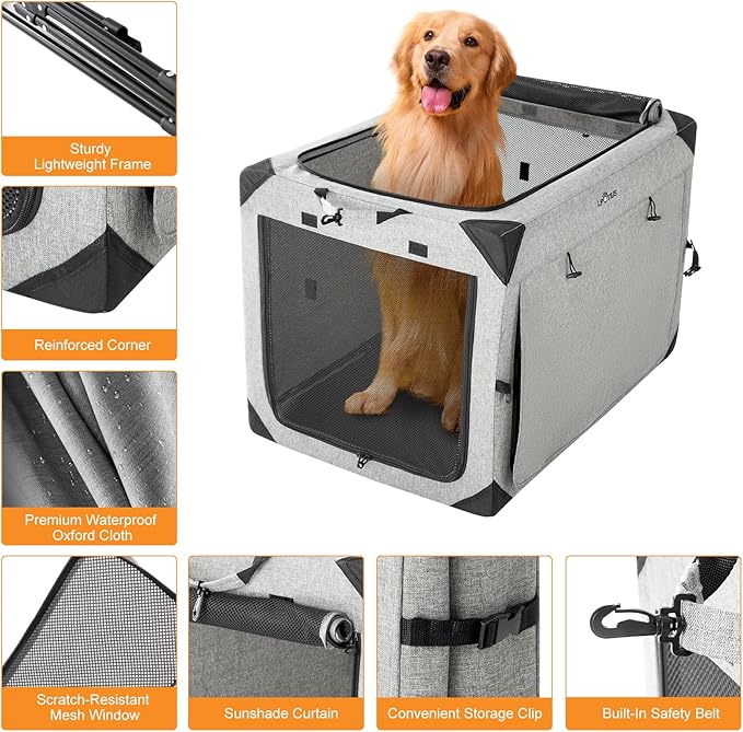 Collapsible Dog Crate for Medium Large Dogs, Portable Travel Dog Crate Soft Pet Kennel with 4-Door Chew Proof Mesh Windows for Indoor & Outdoor