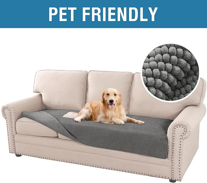 H.VERSAILTEX Plush Chenille Dog Bed Cover Thick Soft Sofa Cover for 3 Cushion Couch Anti Slip Couch Cover Furniture Protector for Dog, Pet, Cat (35" x 74", Grey)