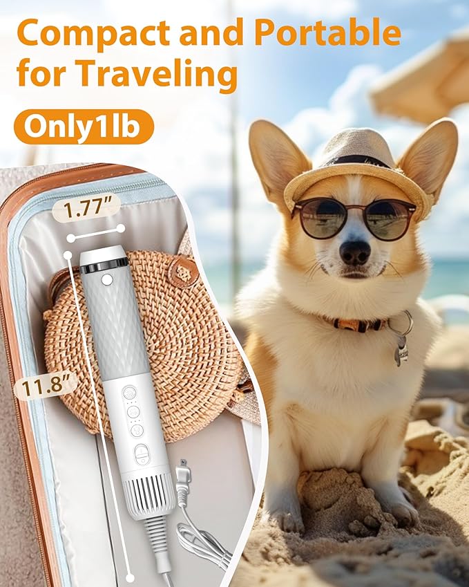 Low Noise Pet Grooming Blower - Handhold Portable High Velocity Hair Dryer for Dogs and Cats with Intelligent Temperature Control, 3 Fan Speeds