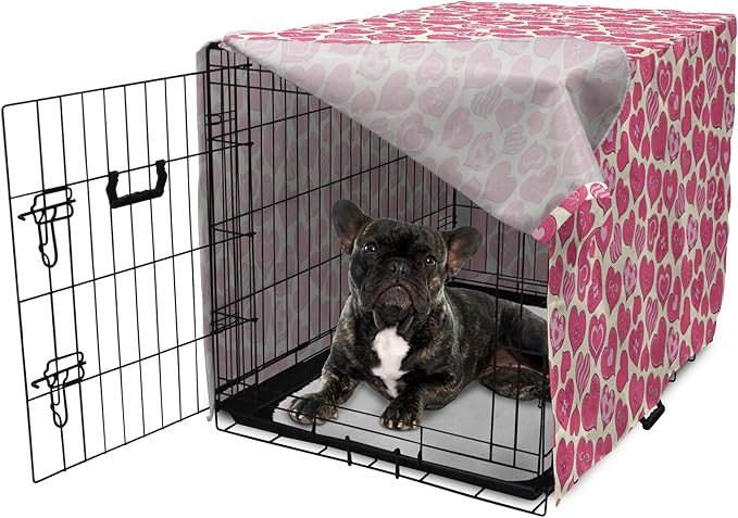 Lunarable Hearts Dog Crate Cover, Valentines Day Inspired Heart Designs with Various Styles Curved Lines Flowers Bows, Easy to Use Pet Kennel Cover for Cats & Medium Dogs, 24 Inch, Cream Pink