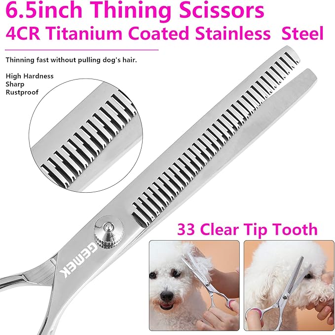 GEMEK Dog Grooming Scissors Set, 4CR Stainless Steel Safety Round Tip Pet Professional Grooming Tool 5 Pieces Kit - Straight, Curved, Thinning Shears & Comb for Dogs, Cats and Other Animals