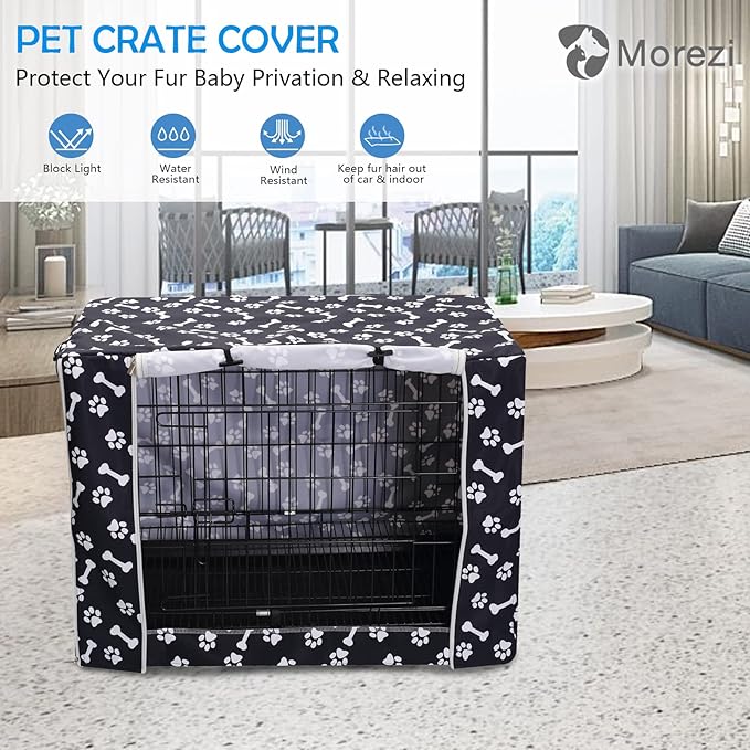 Morezi Dog Crate Cover for Wire Crates,Cage, Heavy Nylon Durable Waterproof Windproof Pet Kennel Cover Indoor Outdoor Protection - Cover only - Black Paw Bone - XXLarge