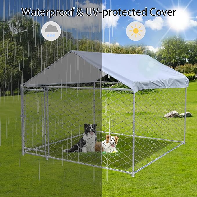 Outdoor Dog Kennel Outside with Waterproof Cover, Large Dog House with Safety Locks Door, Heavy Duty Dog Pens Run Enclosure Cage for Backyard Garden Lawn, 6.6 × 6.6 × 5FT