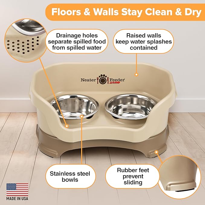 Neater Feeder Deluxe Mess Proof Dog Bowls Elevated for Small Breed – Made in USA – No Spill Raised Dog Food Bowl Stand – Stainless Steel Food and Water Bowl Set, Pet Feeding Station, Cappuccino