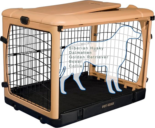 Pet Gear “The Other Door” 4 Door Steel Crate for Dogs/Cats with Garage-Style Door, Includes Plush Bed + Travel Bag, No Tools Required, Beige