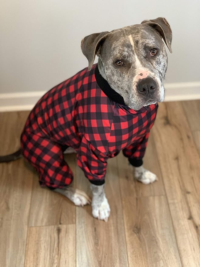 Tooth & Honey Pit Bull Pajamas – Buffalo Plaid Lightweight Pullover with Full Coverage – Updated Fit Dog PJs