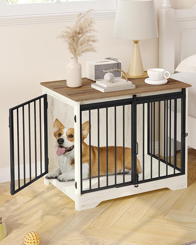 Dog Crate Furniture, 32" Double Door Dog Crate with Barn Door, Dog Kennel Indoor, End Side Table Wooden Dog Crates for Small Medium Large Dogs, Anti-Chew Anti-Escape, White Brown DFC83614B