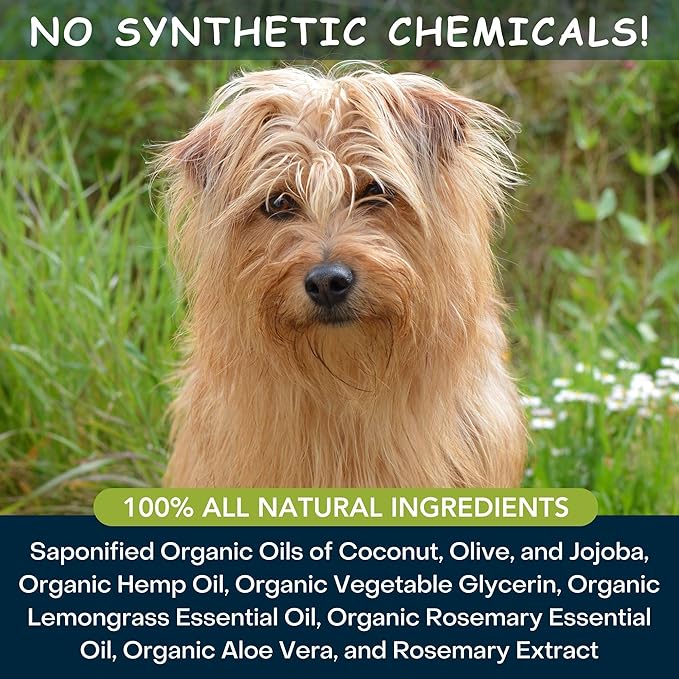 Organic Dog Shampoo, Dry, Itchy Skin and Coat Relief, Coconut Oil, Lemongrass Hemp Dog Shampoo, Puppy Shampoo 16 oz