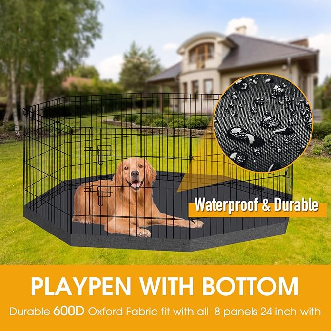 Dog Playpen Regular Octagon Metal Exercise Pet Playpen 8 Panels 24 Inch Bottom Pad Cover for Small Medium Pets Indoor Outdoor(Only Black Bottom pad Cover, Playpen Not Included)