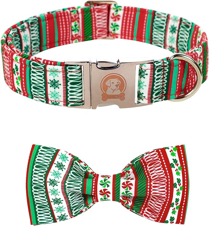 MR. CHUBBYFACE Christmas Plaid Dog Collar for Boy Girl Dogs Adjustable Red Green Dog Collar Bowtie for Small Medium Large Dogs