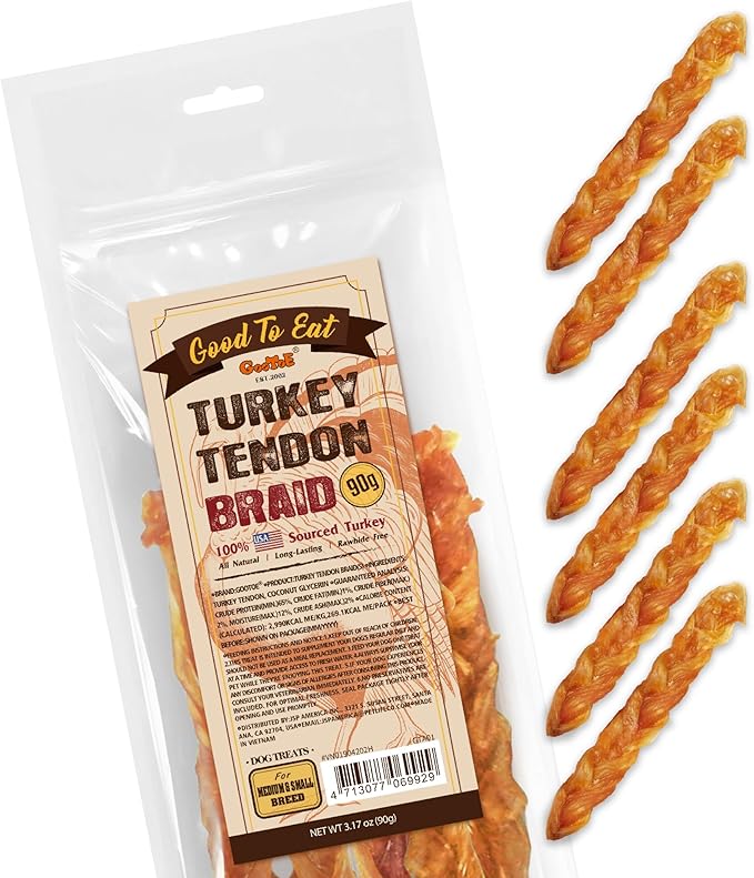 Gootoe Turkey Tendon Dog Treats – 100% USA-Sourced, Natural Snack, Premium Training Chews, Hypoallergenic, Reseal Value Bags, Size for Medium & Small Dogs, Braid (Medium) 3.17 oz/Pack (90gm)