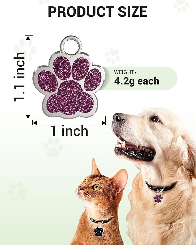 72 Pcs Dog Tags Personalized for Pets Glitter Paw Print Stainless Steel Dog Tag Cute Dog Name Tag Bulk Dog Tags Cat Tags for Wholesale （12 Colors）