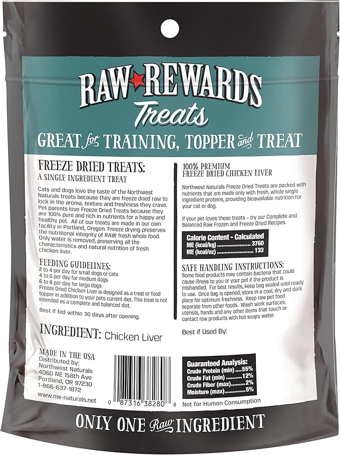 Northwest Naturals Raw Rewards Freeze-Dried Chicken Liver Treats for Dogs and Cats - Bite-Sized Pieces - Healthy, 1 Ingredient, Human Grade Pet Food, Natural - 3 Oz (Pack of 3)