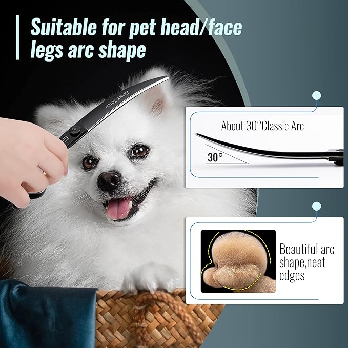 Fenice Dog Curved Grooming Scissors 8.0" Pet Shears Made Of Japanese 440C for Trimming Dogs Cats and Other Pets Face and Paws Black