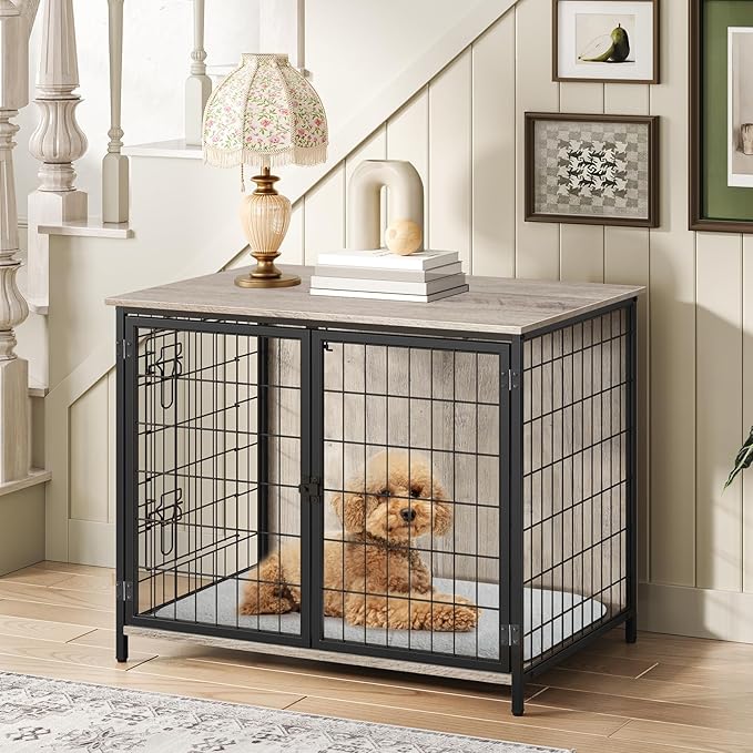 Dog Crate Furniture with Cushion, Wooden Dog Kennel with Double Doors, Heavy Duty Dog Cage for Small/Medium/Large Dogs, Indoor Dog House End Table, 31.5" L, Greige DCHG0701