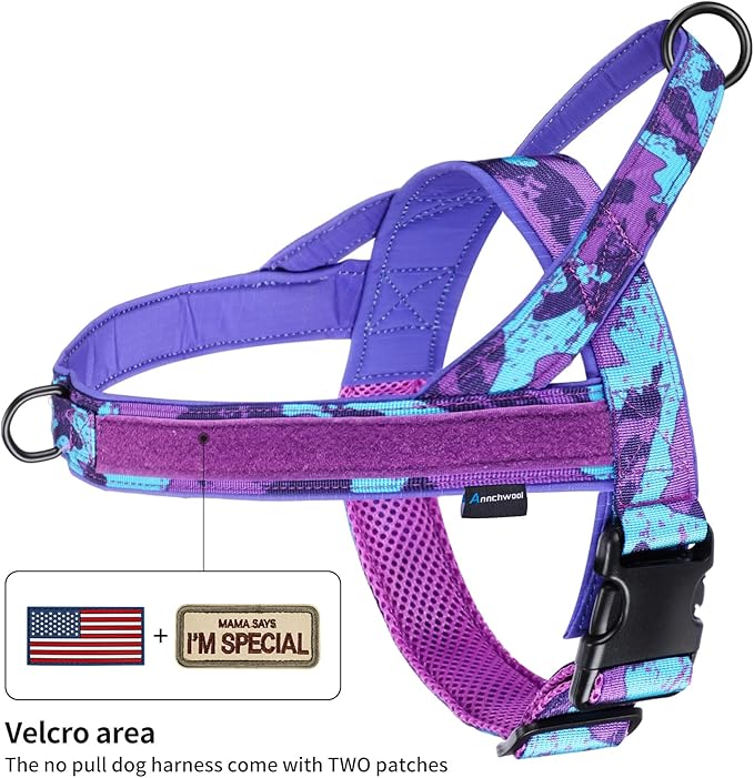 Annchwool No Pull Dog Harness with Padded Handle+5 Ft Leash,Escape Proof and Quick Fit to Adjust Dog Harness,Easy for Training Walking for Small & Medium and Large Dog(Camo Purple Set,M)