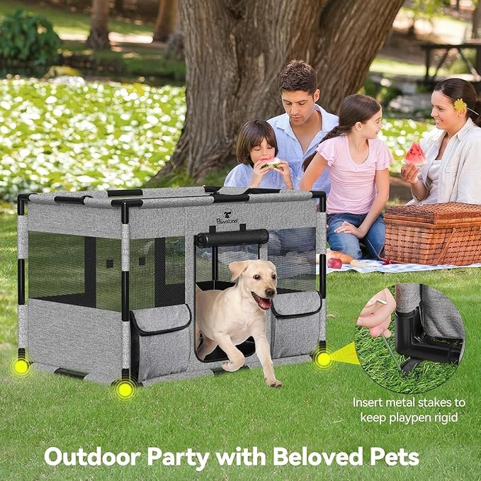 Cat Dog Playpen, 91x61x61cm Portable Puppy Playpen Dog Play Pen Indoors with Cover and Gate, Tear Resistant Thickened Fabric Waterproof Bottom Breathable Mesh Dog Fence, Gray & Black