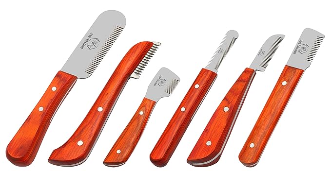 Brutul Bee Dog Grooming Coat Stripping Knife Stripper Trimmer Tool Wooded Handle Stripping Knives Set of 6 in Stainless Steel Non-Slip Tools for Grooming Dogs (Orange)