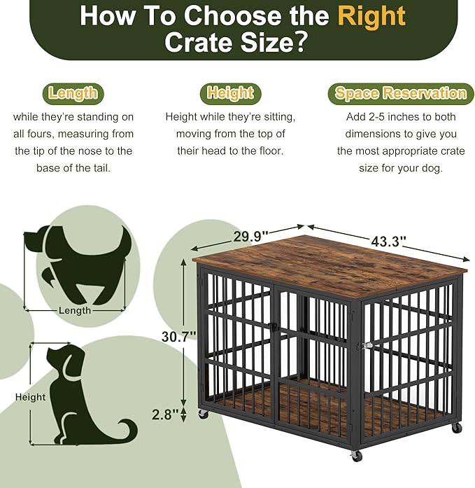 NicBex Dog Crate Furniture, 43.3" L With Double Doors, Wooden Indoor Kennel Flip-Top for Large Dogs, XL House, Rustic Brown