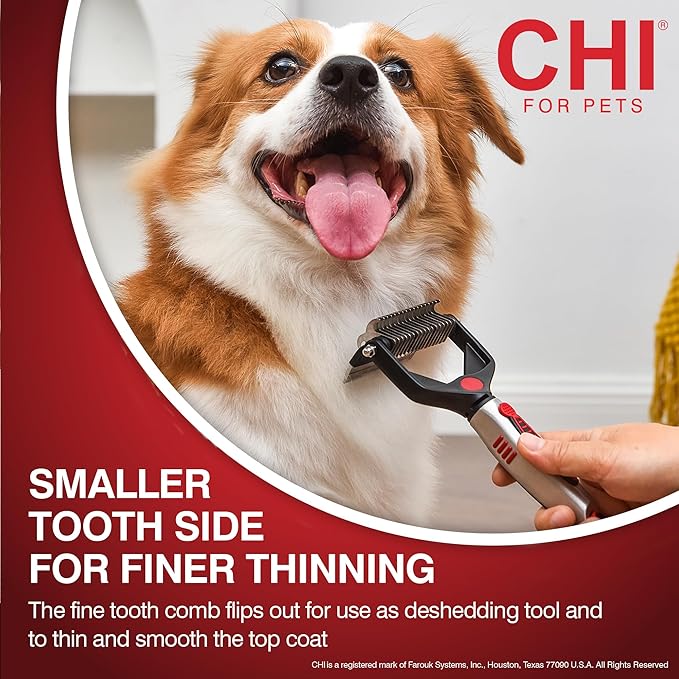 CHI for Dogs 2-in-1 Dematting Deshedding Rake, Flip-Out Fine Rake for Deshedding and Smoothing, Large Rake for Dematting Dogs; Dog Grooming Tool for Mats and Knots