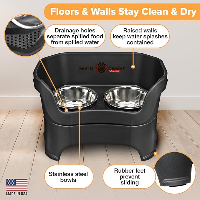 Neater Feeder Deluxe Mess Proof Dog Bowls Elevated for Large Breed – Made in USA – No Spill Raised Dog Food Bowl Stand – Stainless Steel Food and Water Bowl Set, Pet Dish Feeding Station, Black
