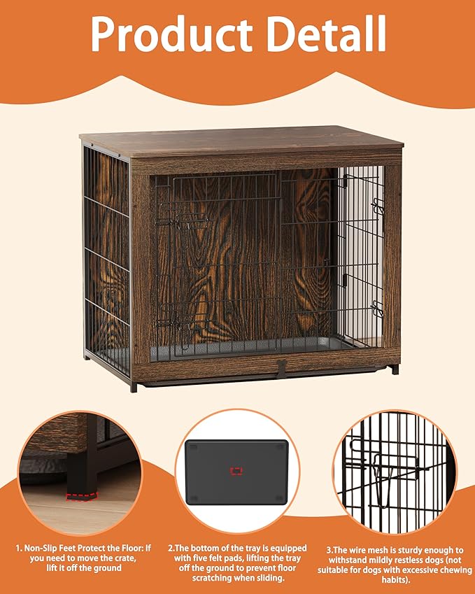 Megidok Wooden Dog Crate Furniture with Cushion, Dog Crate End Table with Tray, Double Doors Dog Crate(M:32"L*22" W*26"H, Rustic Style)