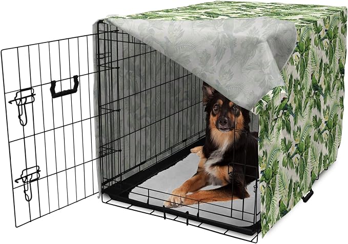 Lunarable Green Dog Crate Cover, Exotic Tropic Pattern with Palm Leaves Breadfruits Plumeria Flowers and Parrots, Easy to Use Pet Kennel Cover for Medium Large Dogs, 36 Inch, Lime Green Cream