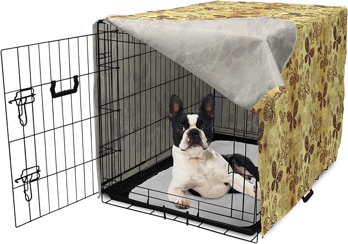 Lunarable Yellow and Brown Dog Crate Cover, Butterflies with Lace Style Ornament Spring Season Beauty Nature Print, Easy to Use Pet Kennel Cover for Small Dogs Puppies Kittens, 22 Inch, Chestnut Brown