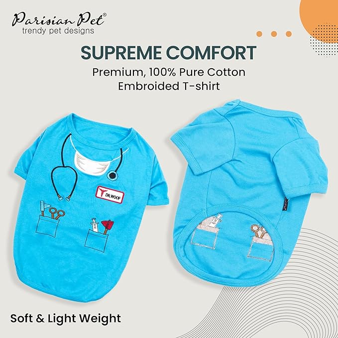 Parisian Pet Doctor Woof Dog Shirt - Embroidered Pirate Costume - 100% Cotton & Polyester - Blue Funny Dog Shirts - Pet Costume - 2XL
