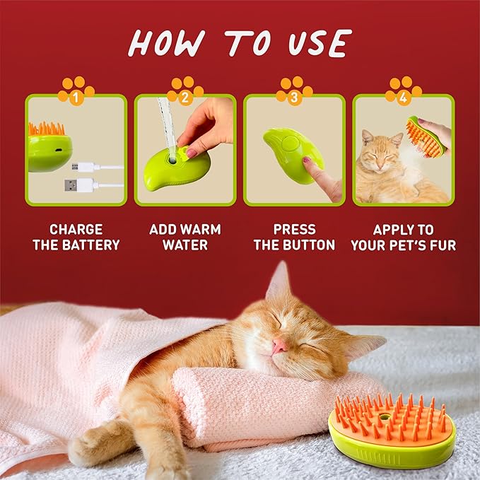 Cat Steam Brush 3 in 1 for Shedding Massage & Dirt Removes Loose Tangled & Static Fur | Short & Long Haired Pet | Misting Water Grooming Comb w Soft Bristles | Self Cleaning Dog Spray & Steamy Brush